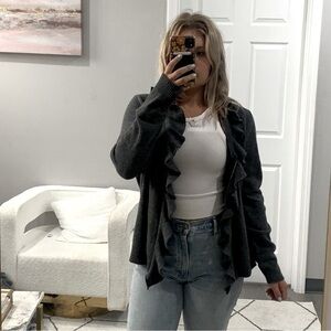 Bogner Cardigan Zip Up Sweater Ruffle V Neck in Grey